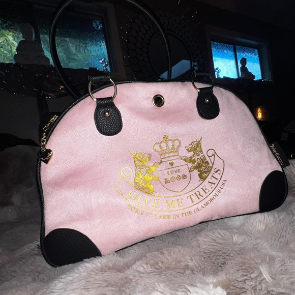 RARE Juicy Couture "GIVE ME TREATS" Pet Carrier 👑 Pink Velour Travel Bag - Picture 6 of 17